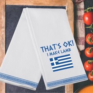 White Greek Flag Tea Towel - "That's OK! I Make Lamb"